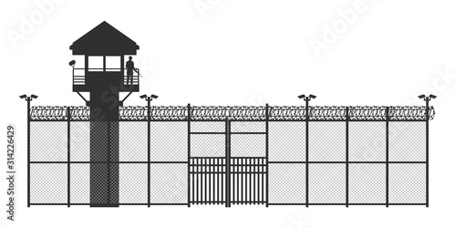 Prison fence on white background. Black silhouette of jail exterior with steel grid. Isolated gate. Symbol of freedom. Industrial scene
