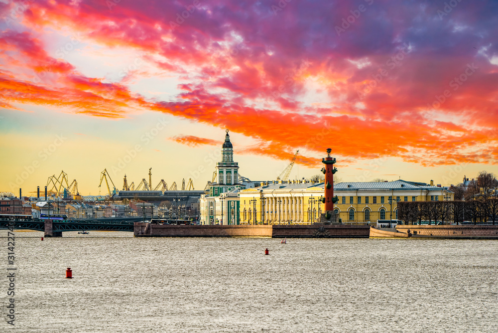 Rostral Columns on the spit of Vasilievsky island. Saint Petersburg. Russia.