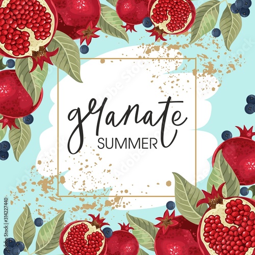Postcards with pomegranate and leaves. Design element for a wedding,   birthday, natural and eco cosmetics. Can be used for a poster, invitation , or note.  Vector illustration. Printing on fabric, pa