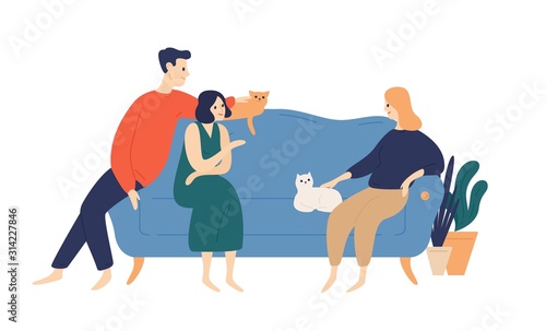 Friends, people on sofa flat vector illustration