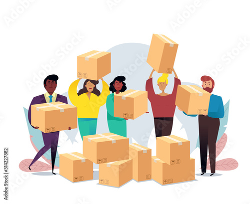 Cardboard boxes concept with characters. Business and achievement concept.