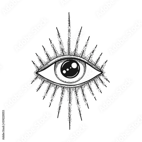 The Eye of Providence. Masonic symbol. All seeing eye in with divergent rays. Black tattoo.
