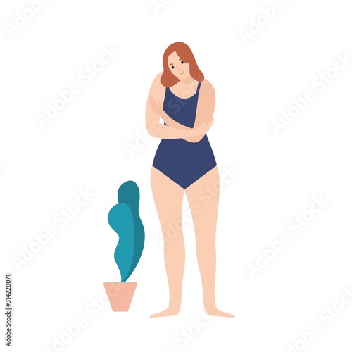 Self love and care flat vector illustration. Shy girl, european female cartoo...