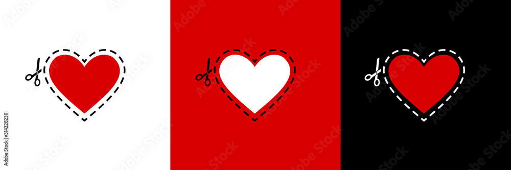 Heart vector icon, love symbol with scissors dotted line. Vector scissors - cut icon isolated. Valentine love red background. Scissors cutting vector. Love concept. Heart vector icon, love symbol with scissors dotted line. Vector scissors - cut icon isolated. Valentine love red background. Scissors cutting vector. Love concept.