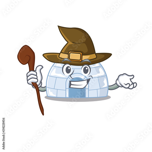 cartoon mascot style of igloo dressed as a witch