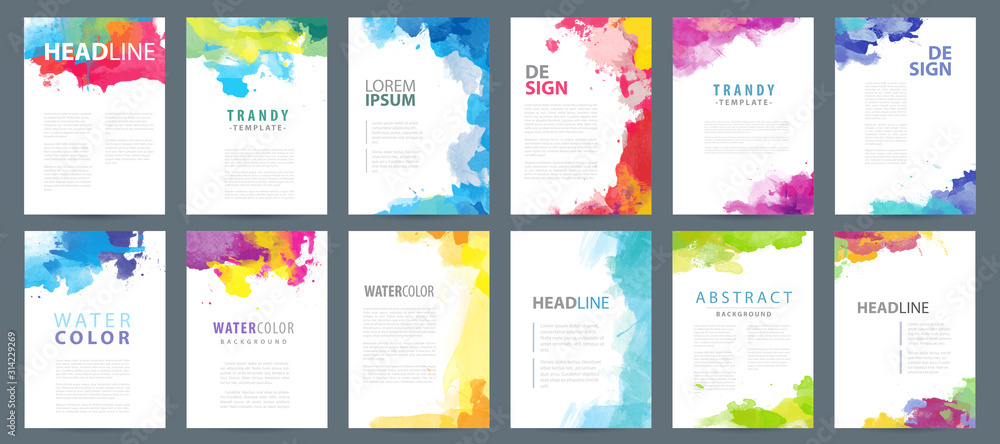 Big set of A4 bright vector colorful watercolor background templates for poster, brochure or flyer - obrazy, fototapety, plakaty 