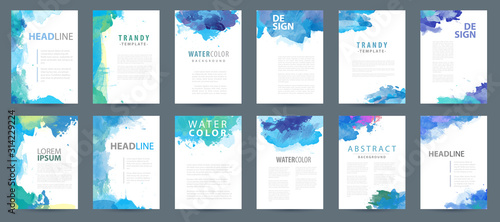 Big set of bright vector blue watercolor background templates for poster, brochure or flyer