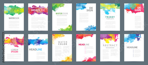 Big set of A4 bright vector colorful watercolor background templates for poster, brochure or flyer