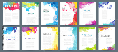 Big set of A4 bright vector colorful watercolor background templates for poster, brochure or flyer photo