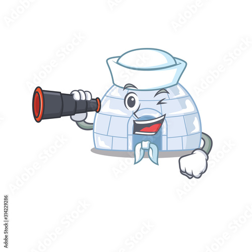 Igloo cartoon happy Sailor style with binocular