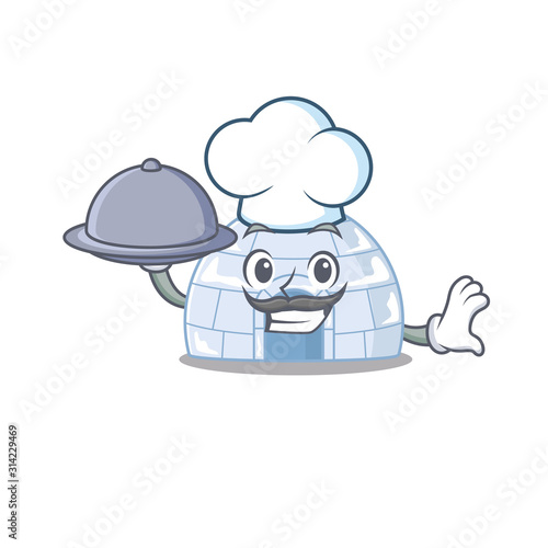 cartoon design of igloo as a Chef having food on tray
