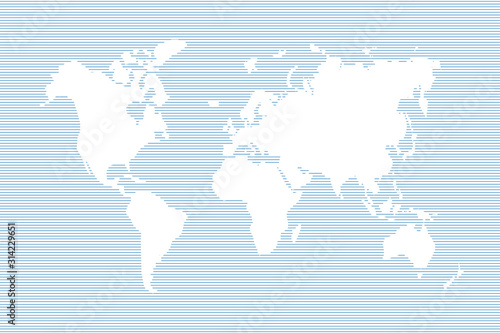 Abstract world map in horizontal lines. Vector cartography with blue stripes countries illustration
