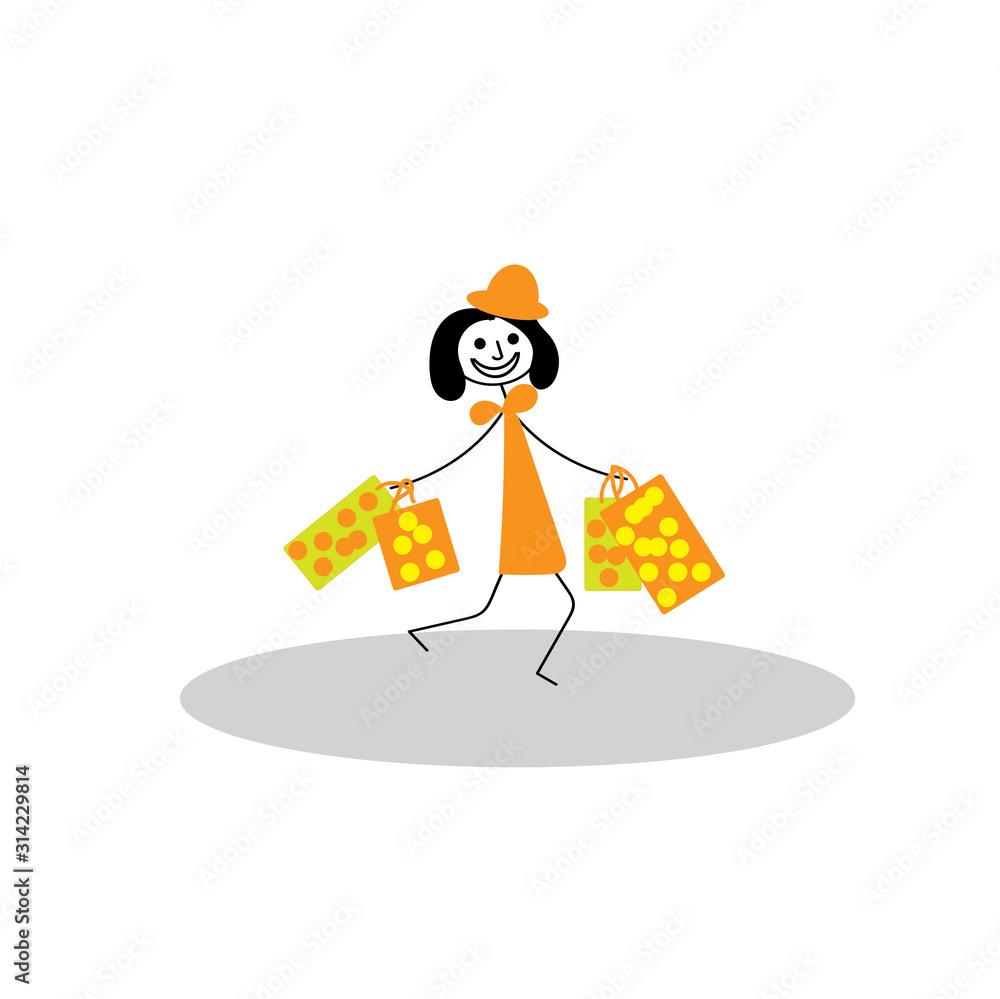 Summer sale Happy stick man girl with bags in hand in hat Shopping