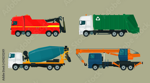 Set of heavy wheeled vehicles. Vector flat style illustration.