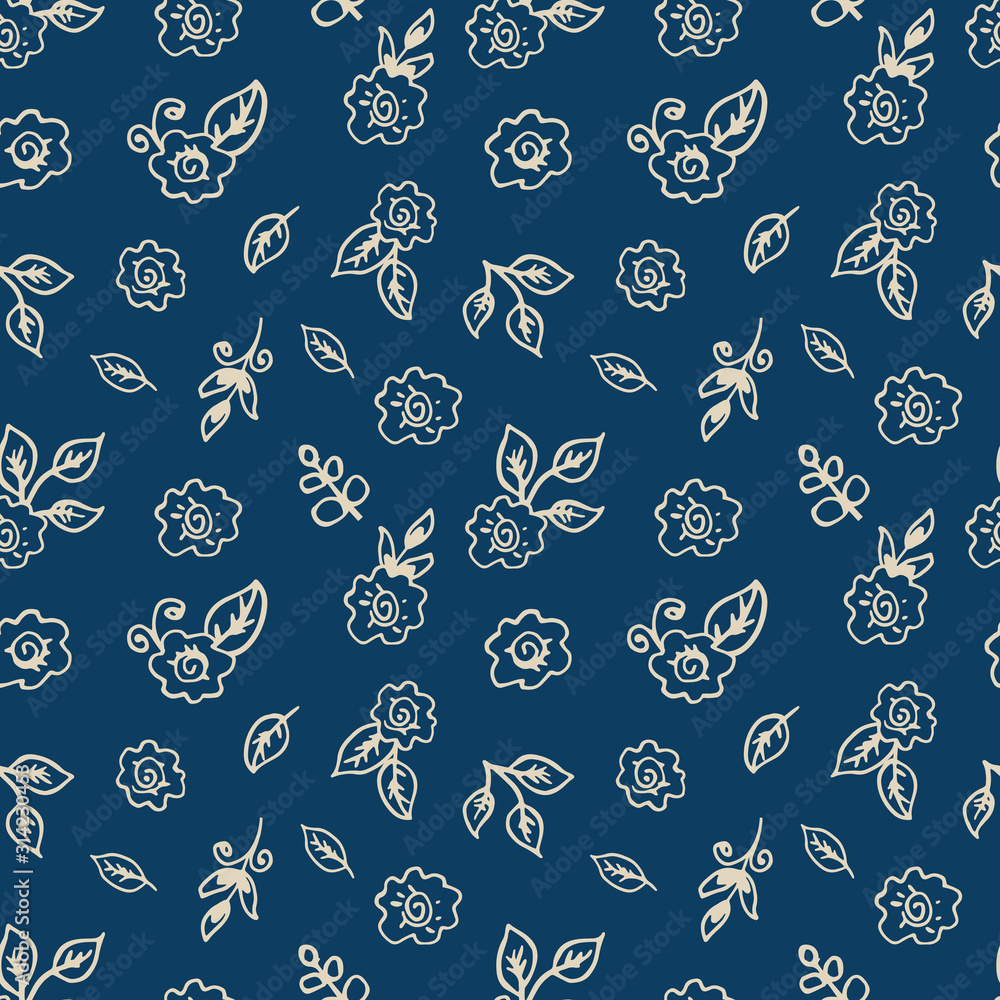 Seamless pattern on a blue background. Ink hand-drawn pine branches. For the design of gifts, backgrounds, wrappers, cards Seamless pattern on a blue background. Ink hand-drawn pine branches. For the design of gifts, backgrounds, wrappers, cards