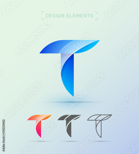 Vector letter T company logo design template. Material design, origami paper, fluent flat and line art styles. Twisted app icon