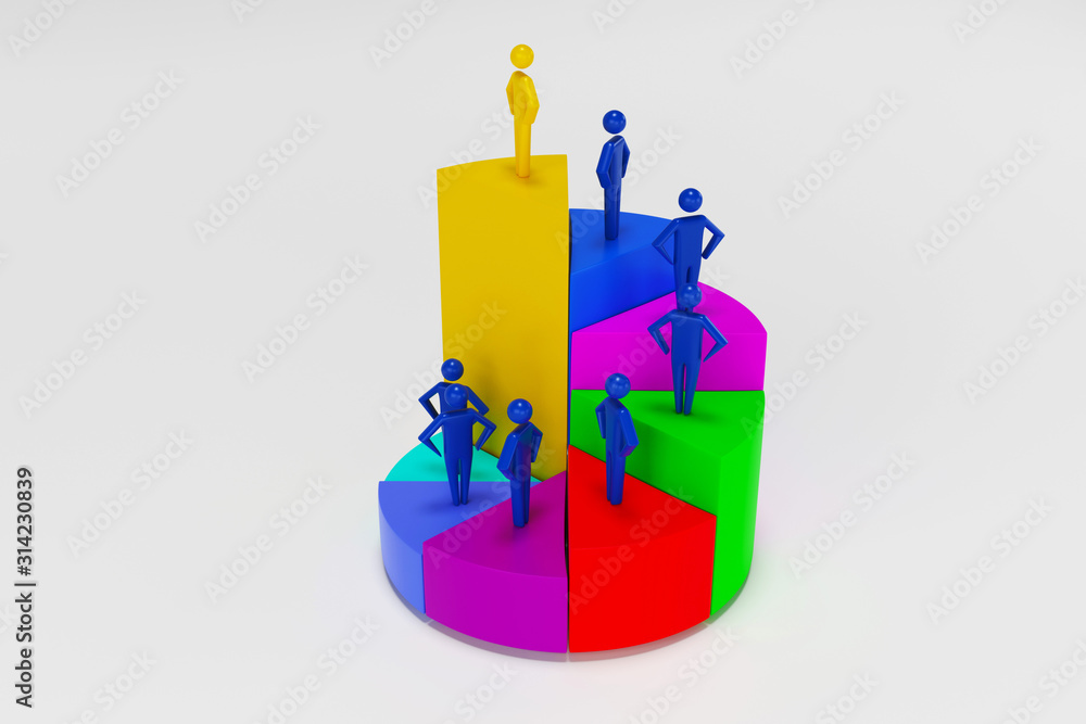 3d Human Figures On Multi Colored Pie Chart Over Desk. 3d businessman climbing the career ladder in the form of a pie chart. 3d rendering 3d Human Figures On Multi Colored Pie Chart Over Desk. 3d businessman climbing the career ladder in the form of a pie chart. 3d rendering