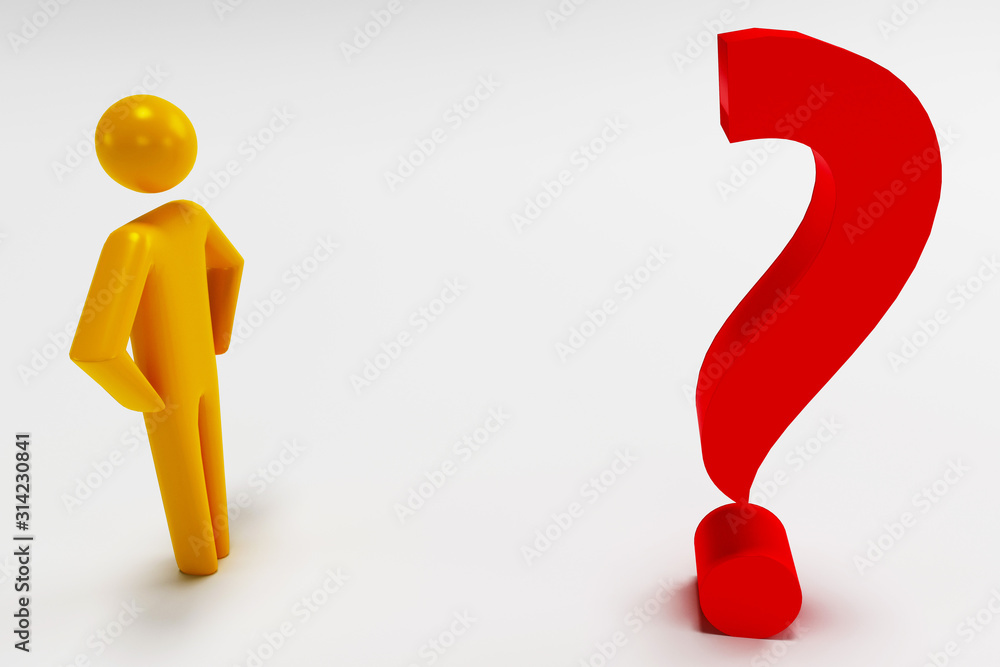 3d gold businessman opposite a question mark. Man business concept. 3d person with a red question mark. 3d rendering 3d gold businessman opposite a question mark. Man business concept. 3d person with a red question mark. 3d rendering