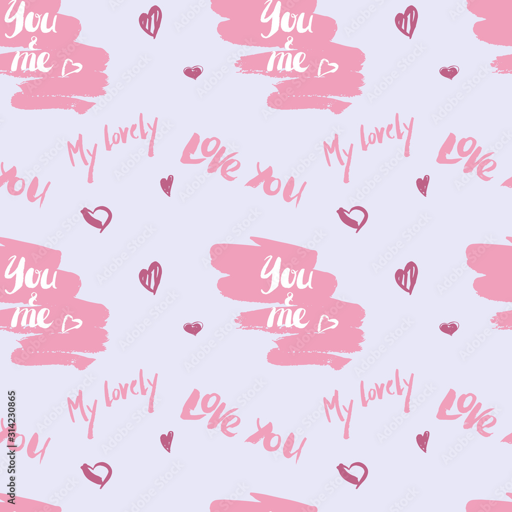 Seamless repeat vector pattern for Valentine's Day. Hand lettered text in pastel color, hand drawn pink and white heart. Valentine's Day greeting card template, poster, wrapping paper. Wedding decor.