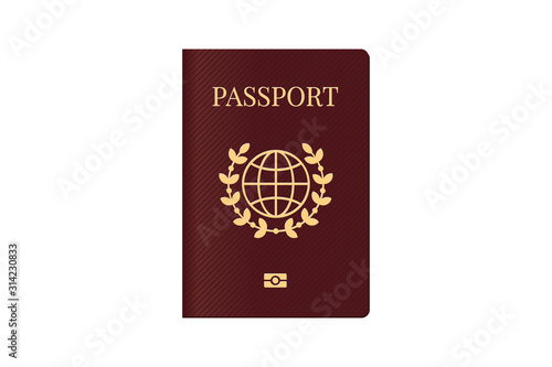 Passport with world map globe on brown cover. Biometric citizenship identification document for travel template. Vector illustration