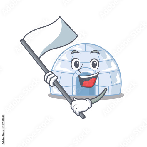 Funny igloo cartoon character style holding a standing flag