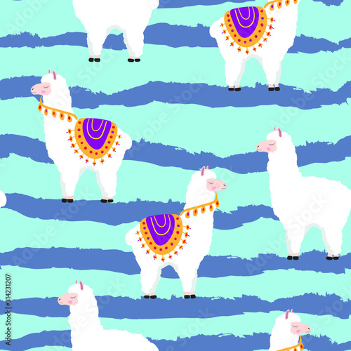 Lama , alpaca animals cute vector cartoon seamless pattern on blue background. Concept for print, cards, wallpapers, wrapping paper 