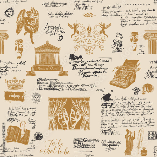 Vector seamless pattern on the theme of theater with handwritten notes, hand-drawn sketches and ink stains. Suitable for Wallpaper, wrapping paper, fabric or abstract background in vintage style