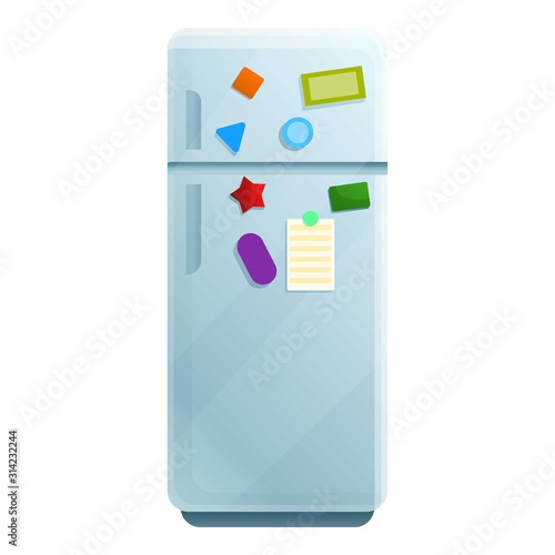 Fridge with magnetic stickers icon. Cartoon of fridge with magnetic stickers vector icon for web design isolated on white background