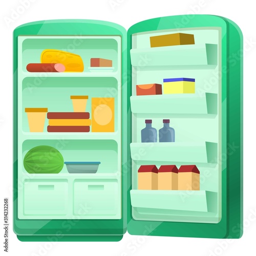 Open fridge with food icon. Cartoon of open fridge with food vector icon for web design isolated on white background