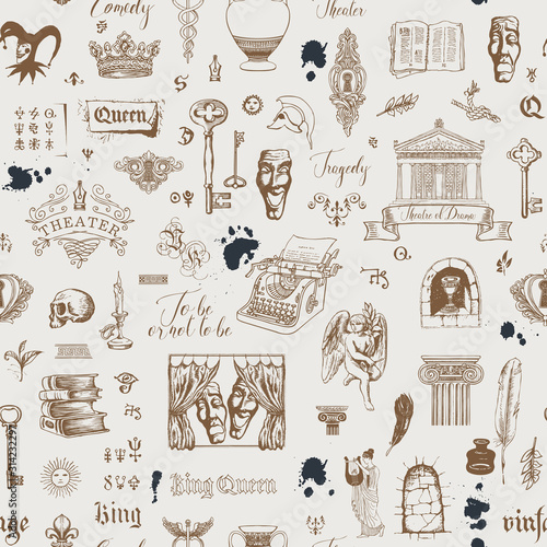 Vector seamless pattern on the theme of theater and drama with pencil drawings and sketches. Suitable for Wallpaper, wrapping paper, background, fabric or textile in vintage style