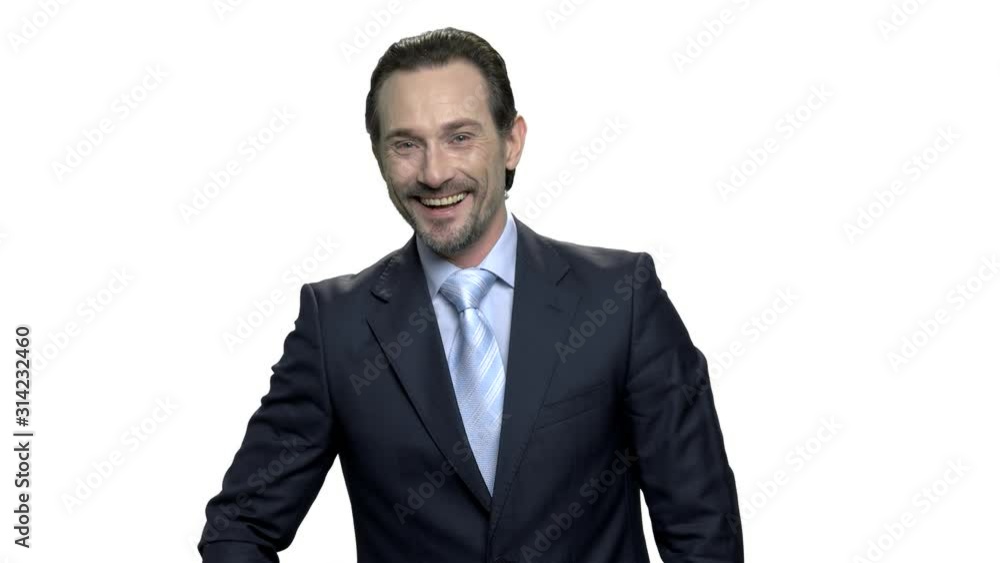 Portrait of happy laughing middle-aged manager. Successful mature businessman with beard is laughing and looking at camera. Isolated on white background. Portrait of happy laughing middle-aged manager. Successful mature businessman with beard is laughing and looking at camera. Isolated on white background.