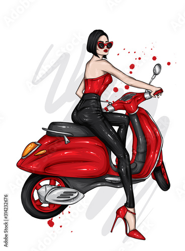 Beautiful girl on a cool motorcycle. Biker. Stylish woman in glasses and high heel shoes. Fashion and style, clothes and accessories. Vector illustration for a card or poster.