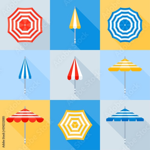 Beach umbrella vector icon set, flat style