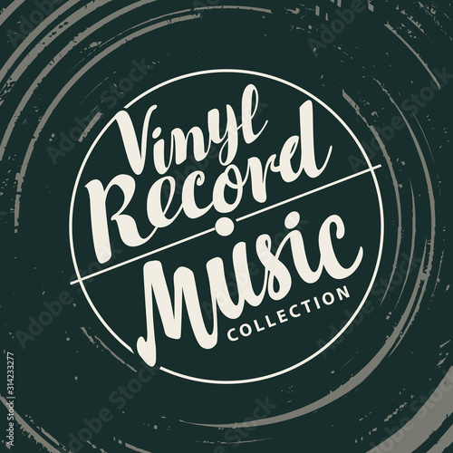Vector music poster with vinyl record and calligraphic lettering in retro style. Can be used as design elements for flyers, banners, cards, brochures, invitations