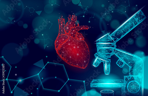 Heart science microscope 3d medicine low poly concept. Triangle red pharmacy drugstore background. Modern drug treatment recovery meds vector illustration