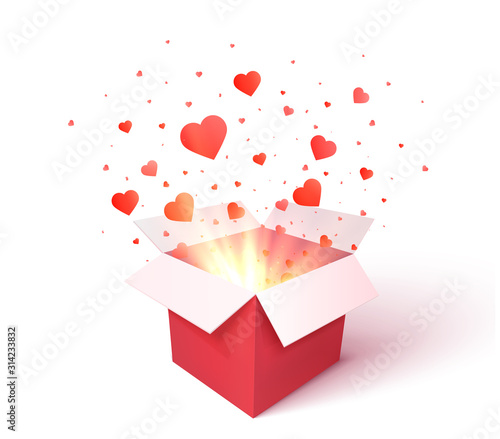 Gift box with heart shape confetti burst explosion