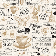 Handdoek met foto Koffie patronen Vintage thee en koffie schetspatroon  © paseven