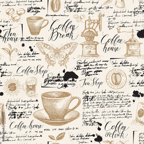 Vector seamless pattern on tea and coffee theme with sketches, blots and unreadable inscriptions in retro style. Suitable for Wallpaper, wrapping paper, background, fabric or textile