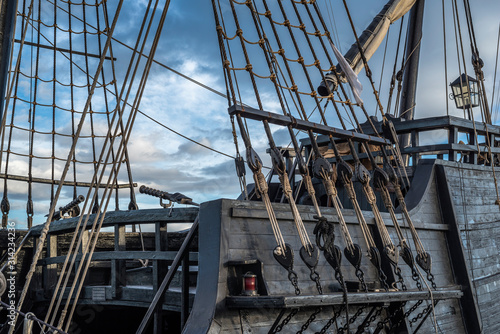 Rigging of an old pirate ship in the port of Torrevieja, Alicante, Spain 2019