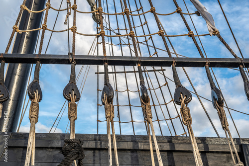 Rigging of an old pirate ship in the port of Torrevieja, Alicante, Spain 2019