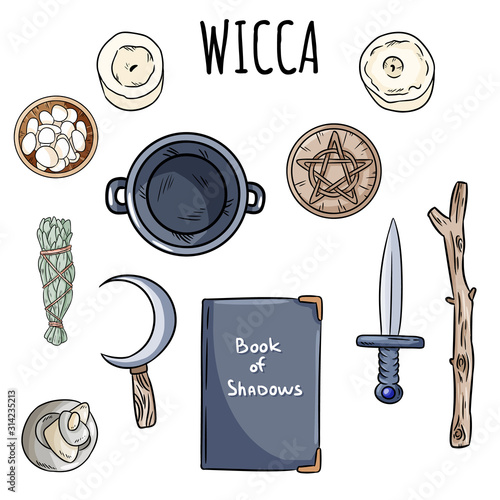 Wiccan doodles set. Collection of witchcraft magical items on altar for occult rituals. Hand drawn pagan elements collection. Occult altar symbols, cauldron, pentacle, athame, boline, candles