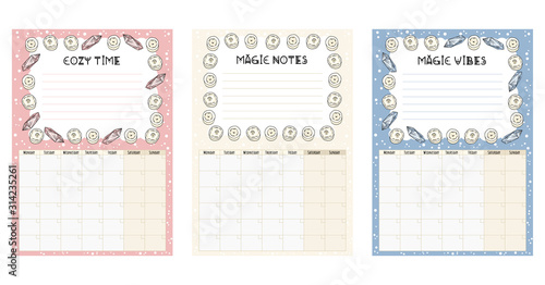 Set of boho monthly calendars with white candles decorative elements, place for notes and to do list. Cozy lagom planners. Collection of cartoon style hygge template for agenda, planners, check lists