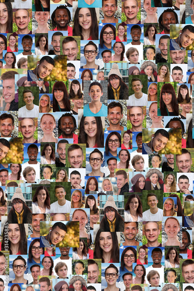 Obraz premium Background portrait format collection group of young people portraits faces multicultural