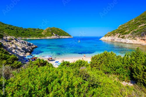 Porto Timoni beach at Afionas is a paradise double beach with crystal clear azure water in Corfu, Twin bay, Ionian island, Greece, Europe
