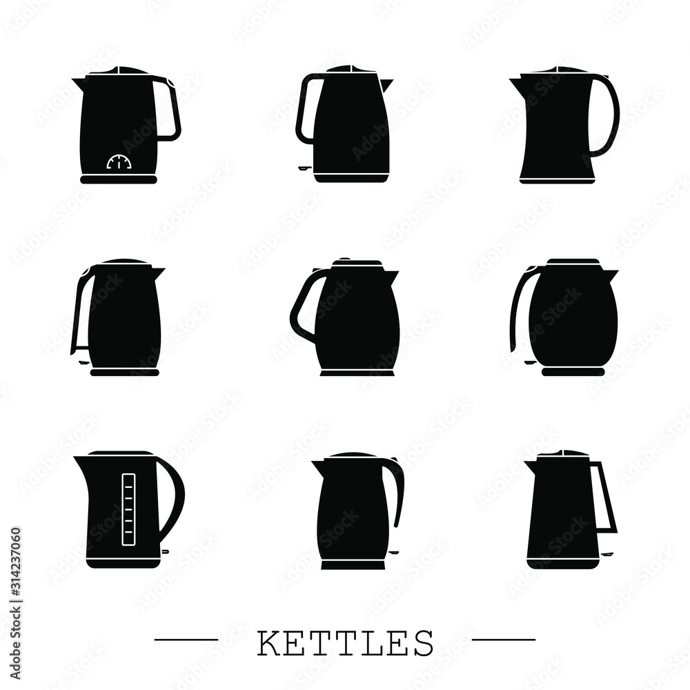 kettles icon set vector. Teapot logo. kettle electric black. Black Kettle with handle icon isolated on white background. Kettle in art style vector icon. kettle Teapot emblem. kettle electric kettles icon set vector. Teapot logo. kettle electric black. Black Kettle with handle icon isolated on white background. Kettle in art style vector icon. kettle Teapot emblem. kettle electric