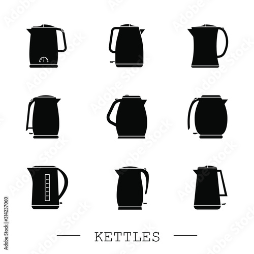 kettles icon set vector. Teapot logo. kettle electric black. Black Kettle with handle icon isolated on white background. Kettle in art style vector icon. kettle Teapot emblem. kettle electric 