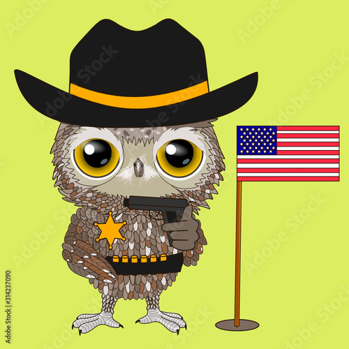 a cool sheriff owl in a black hat and belt with bandolier stands and holds a gun in his hand, and an American flag is stuck nearby in the lawn
