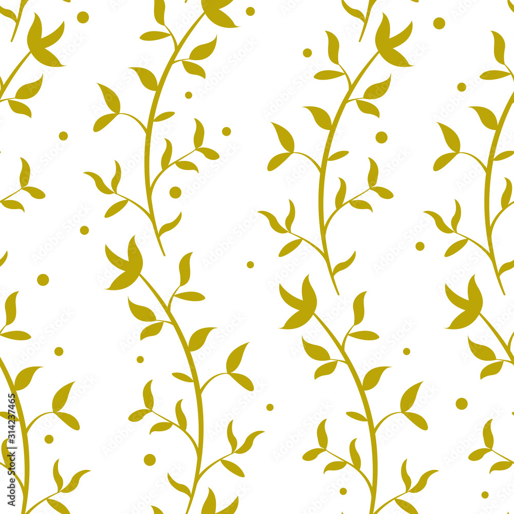 Abstract floral seamless pattern with golden vertical branches and leaves on white background; floral design for fabric, wallpaper, textile, wrapping paper, web design.