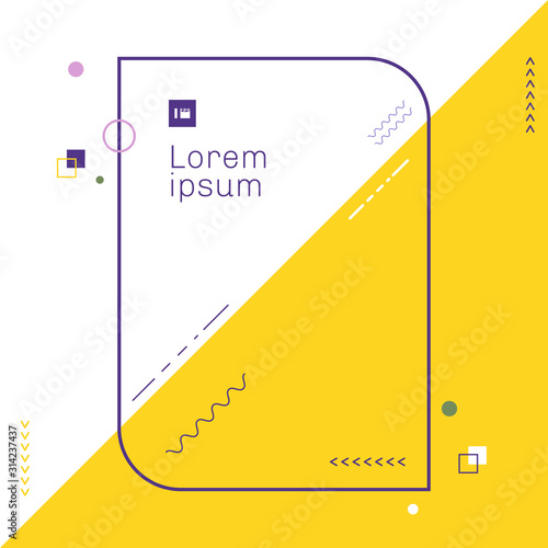 Creative template rectangle rounded frame border yellow and purple geometric circle, diagonal line, square background