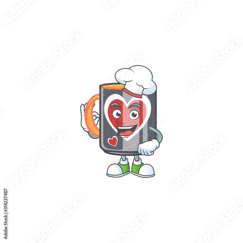Mug love cartoon character wearing costume of chef and white hat